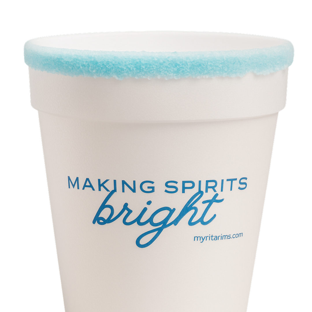 Peppermint Rim Cup (Blue Rim) — Limited Edition Holiday Styrofoam Cup | “Making Spirits Bright” | Pre-Rimmed Party Cup