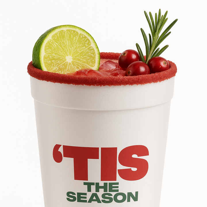 Cranberry Rim Holiday Cup – Limited Edition Styrofoam Party Cup | “‘Tis the Season” | Pre-Rimmed