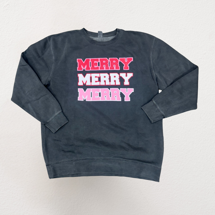 MERRY MERRY MERRY SWEATSHIRT (CHARCOAL + PINK/RED OMBRE LETTERING)