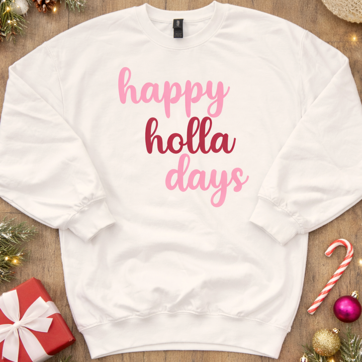 HAPPY HOLLA DAYS SWEATSHIRT (WHITE + PINK/RED)
