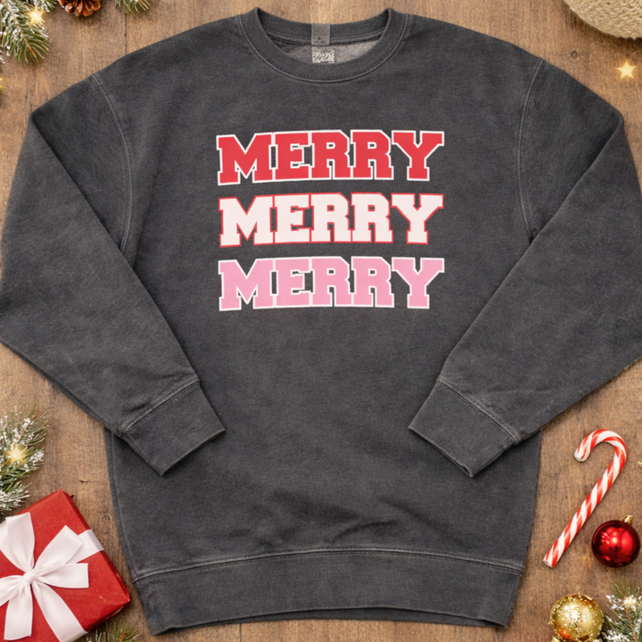 MERRY MERRY MERRY SWEATSHIRT (CHARCOAL + PINK/RED OMBRE LETTERING)
