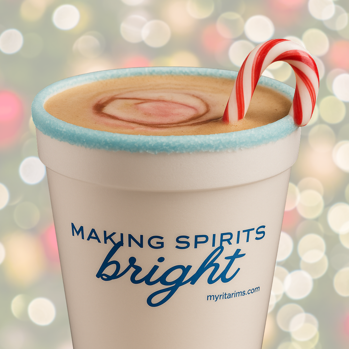 Peppermint Rim Cup (Blue Rim) — Limited Edition Holiday Styrofoam Cup | “Making Spirits Bright” | Pre-Rimmed Party Cup